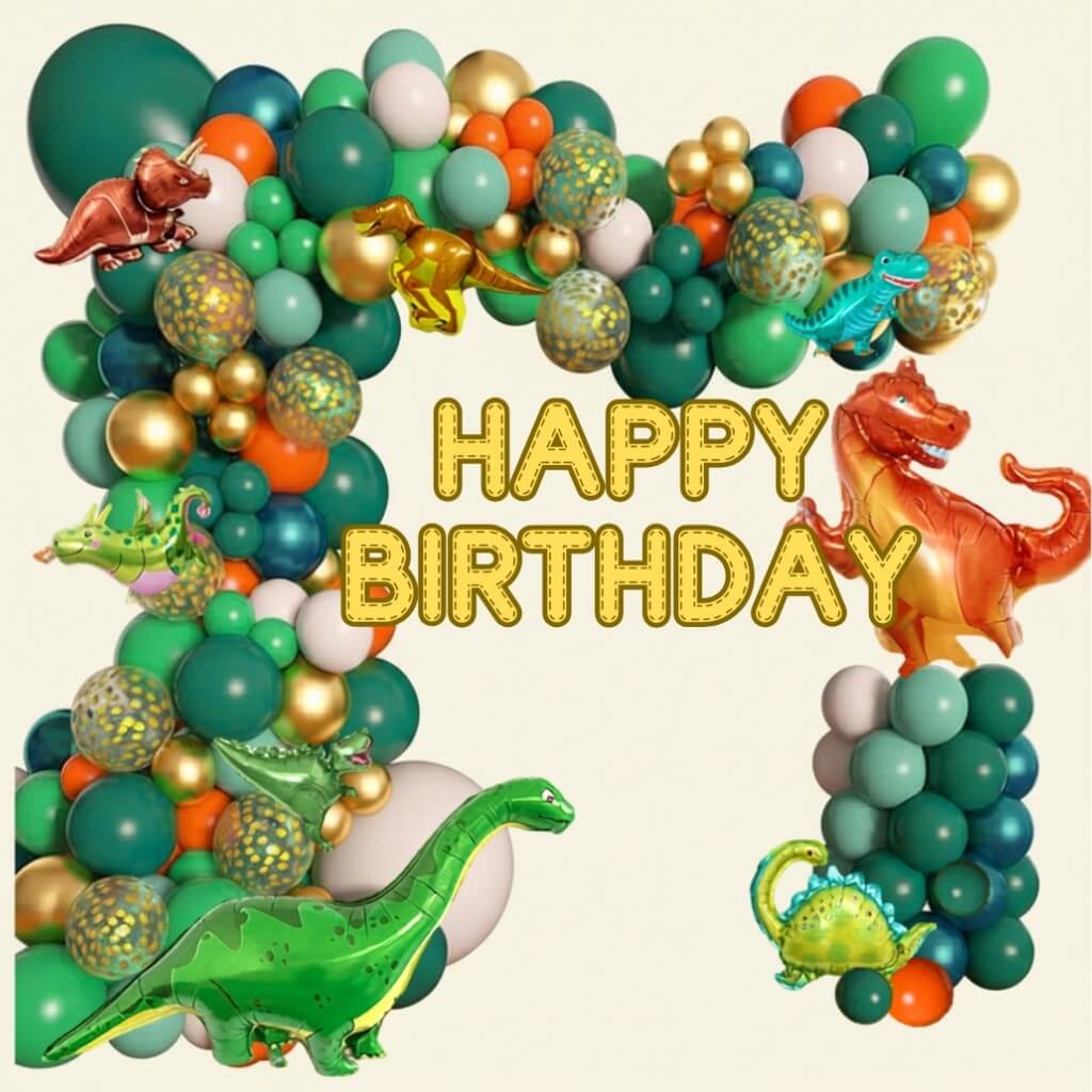 Dinosaur party balloon arch with dinosaur foil balloons and Happy Birthday sign
