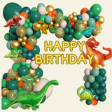 Dinosaur party balloon arch with dinosaur foil balloons and Happy Birthday sign