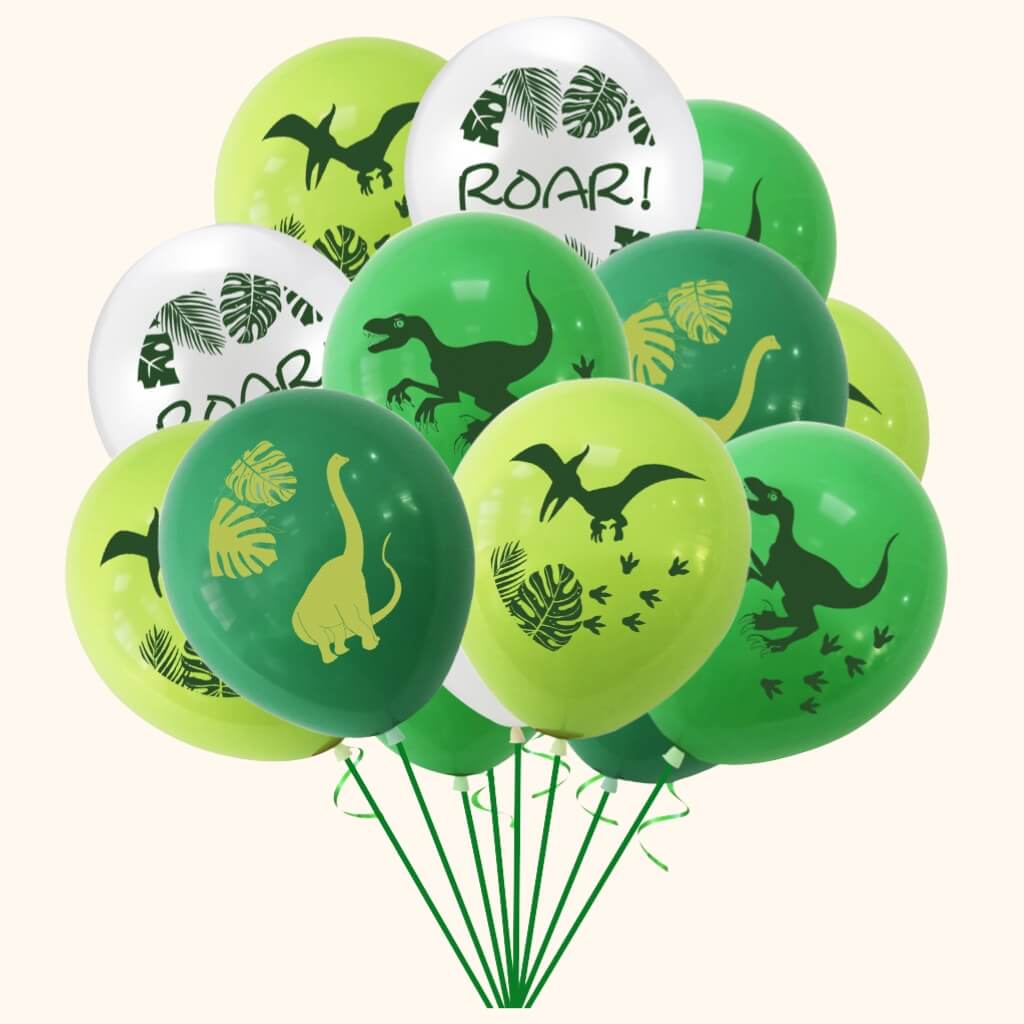 Green and white dinosaur party balloons with footprint and leaf prints