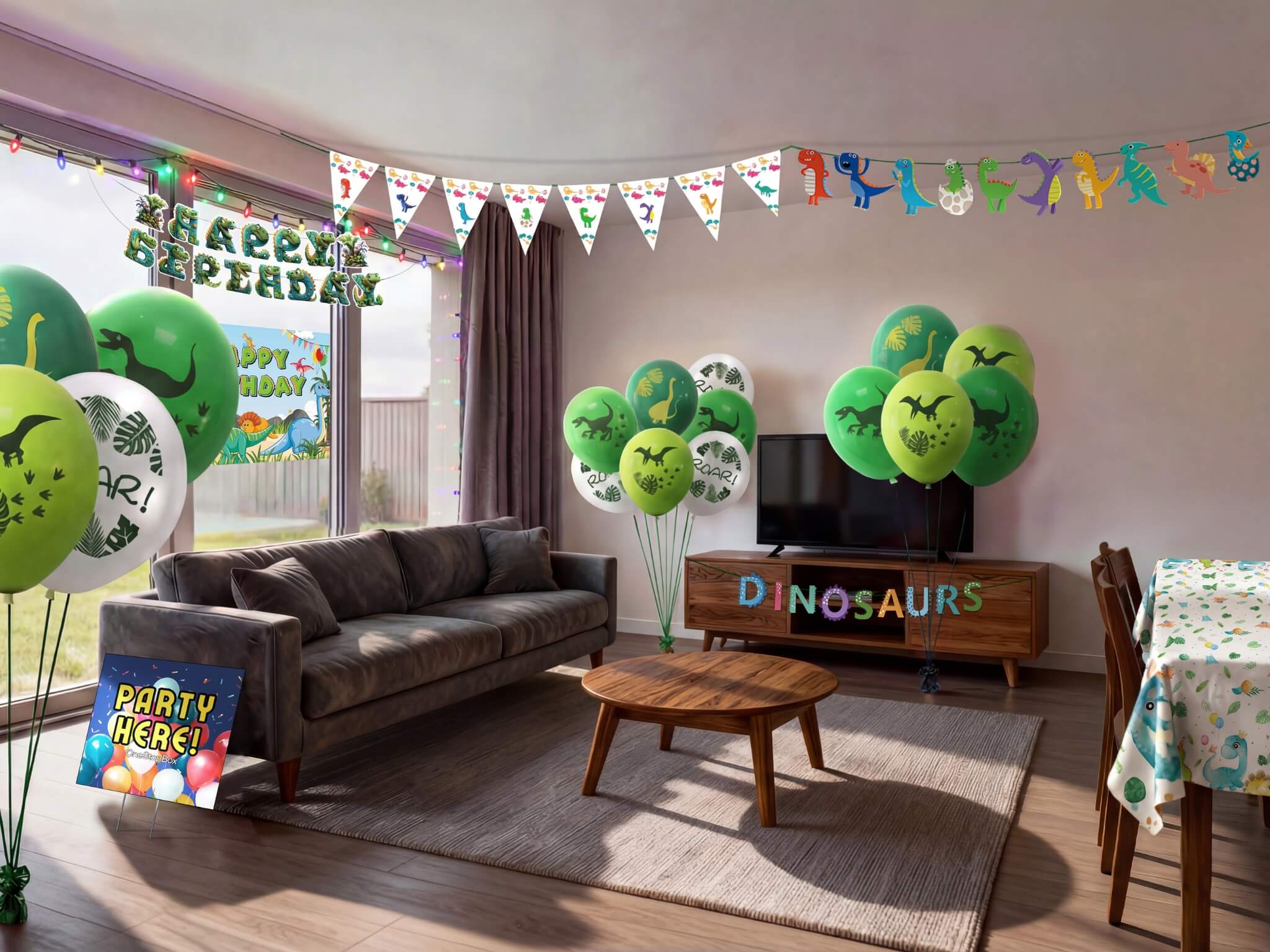 Living room decorated for a kids dinosaur birthday party with green printed balloons, triangle bunting, dinosaur character banner, happy birthday sign, light box and table cover from a OneStopBox party decorations kit.