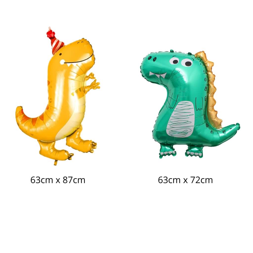 Dinosaur shaped foil balloons in orange and green