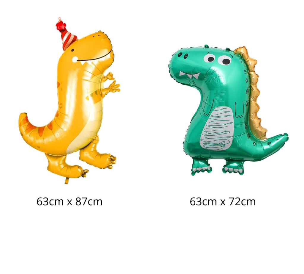 Dinosaur shaped foil balloons in orange and green