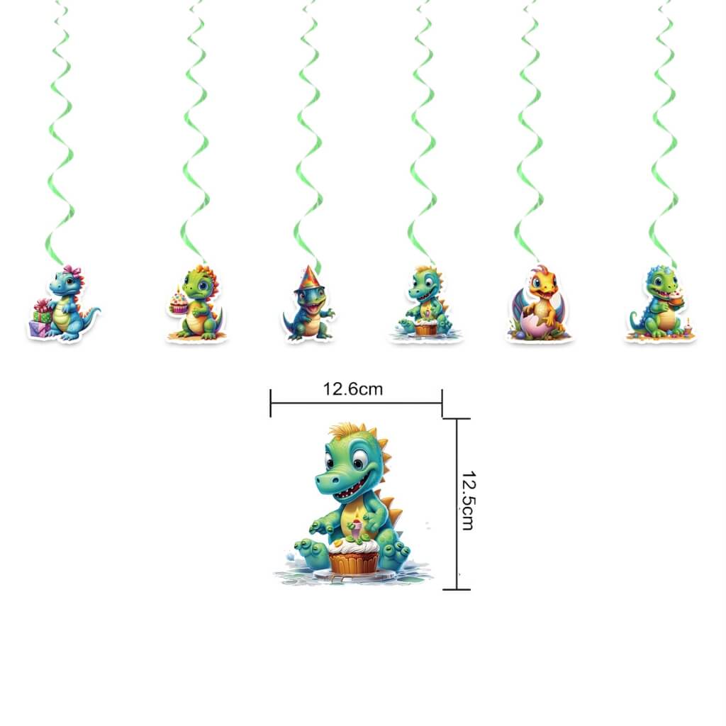 Dinosaur party hanging swirl decorations with baby dinosaur cutouts
