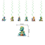 Dinosaur party hanging swirl decorations with baby dinosaur cutouts