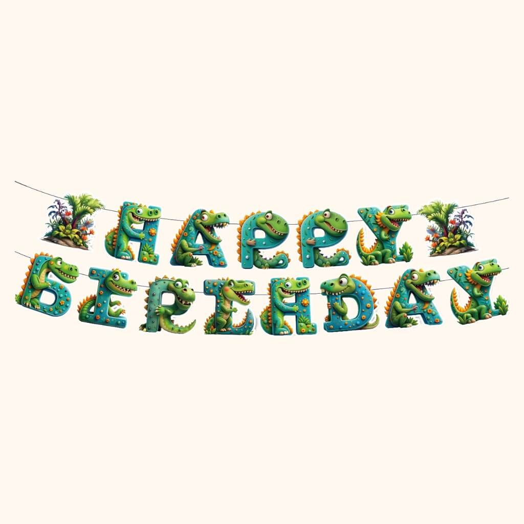 Dinosaur party Happy Birthday letter banner with dinosaur characters