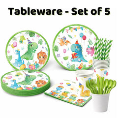 Dinosaur party tableware set with plates, cups, napkins and cutlery for a kids party