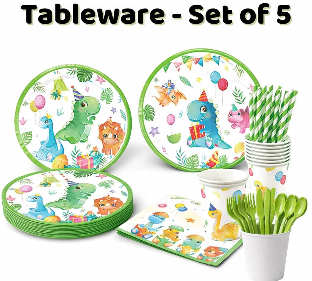 Dinosaur party tableware set with plates, cups, napkins and cutlery for a kids party