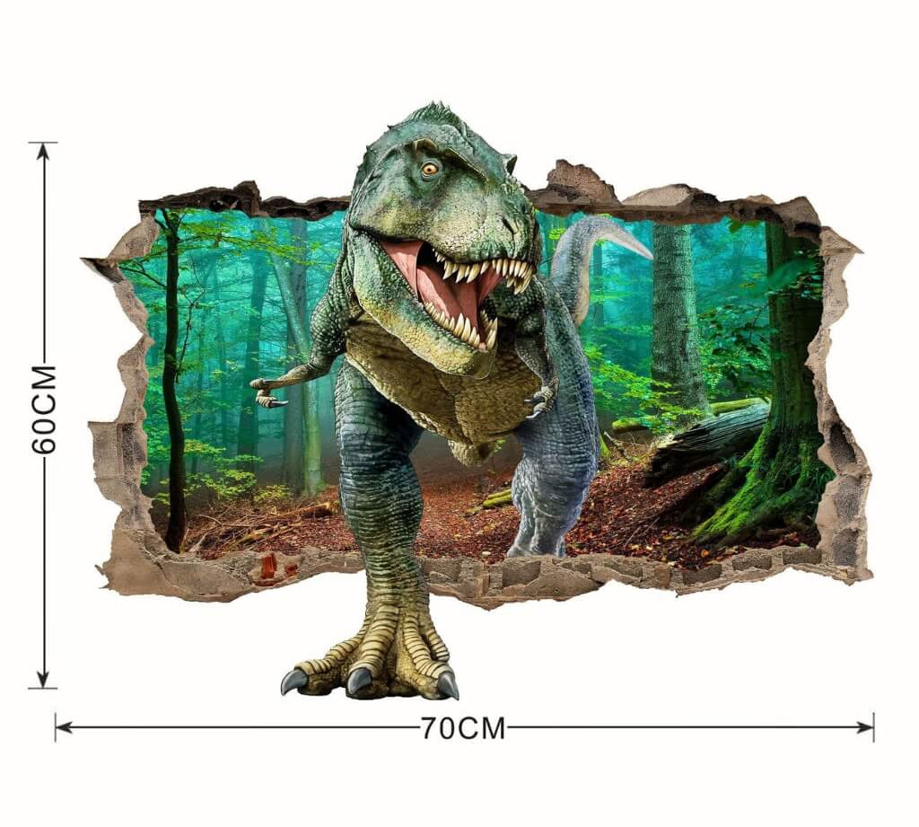 T-rex wall sticker, 3D effect dinosaur sticker, forest scene