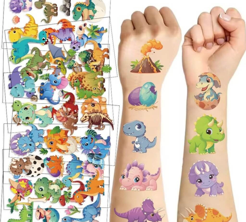 Sheet of dinosaur temporary tattoos with examples on wrists