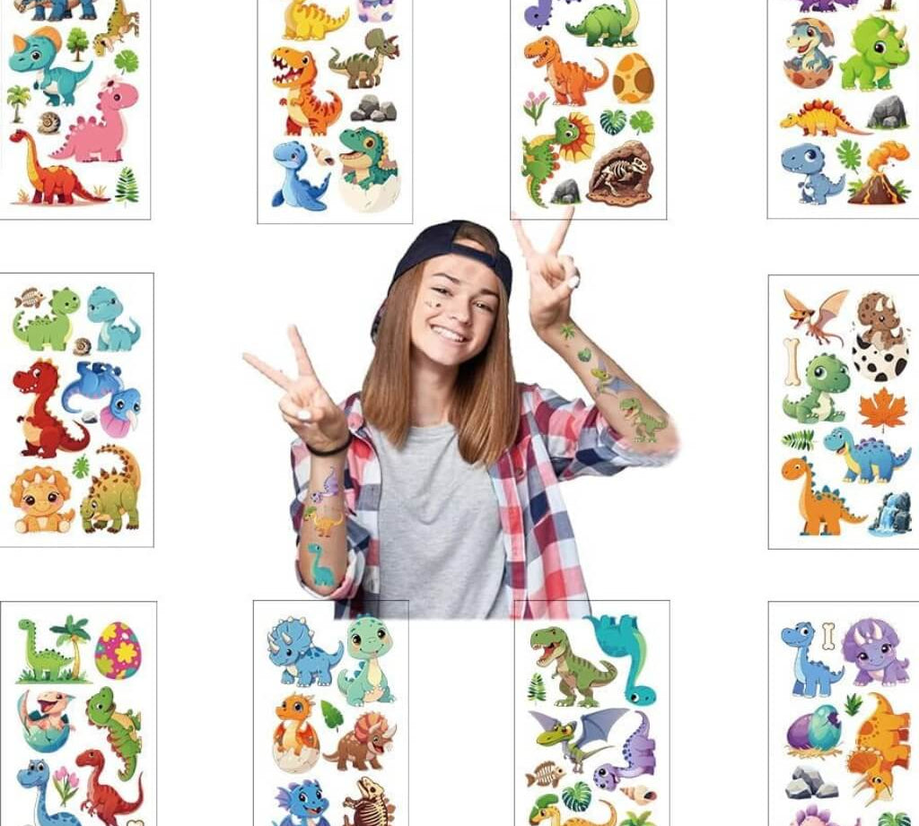 Collection of colourful dinosaur temporary tattoos with a person wearing them.