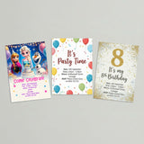 Three printable kids birthday party invitation designs including a frozen theme, colourful balloon theme and gold glitter 8th birthday design.