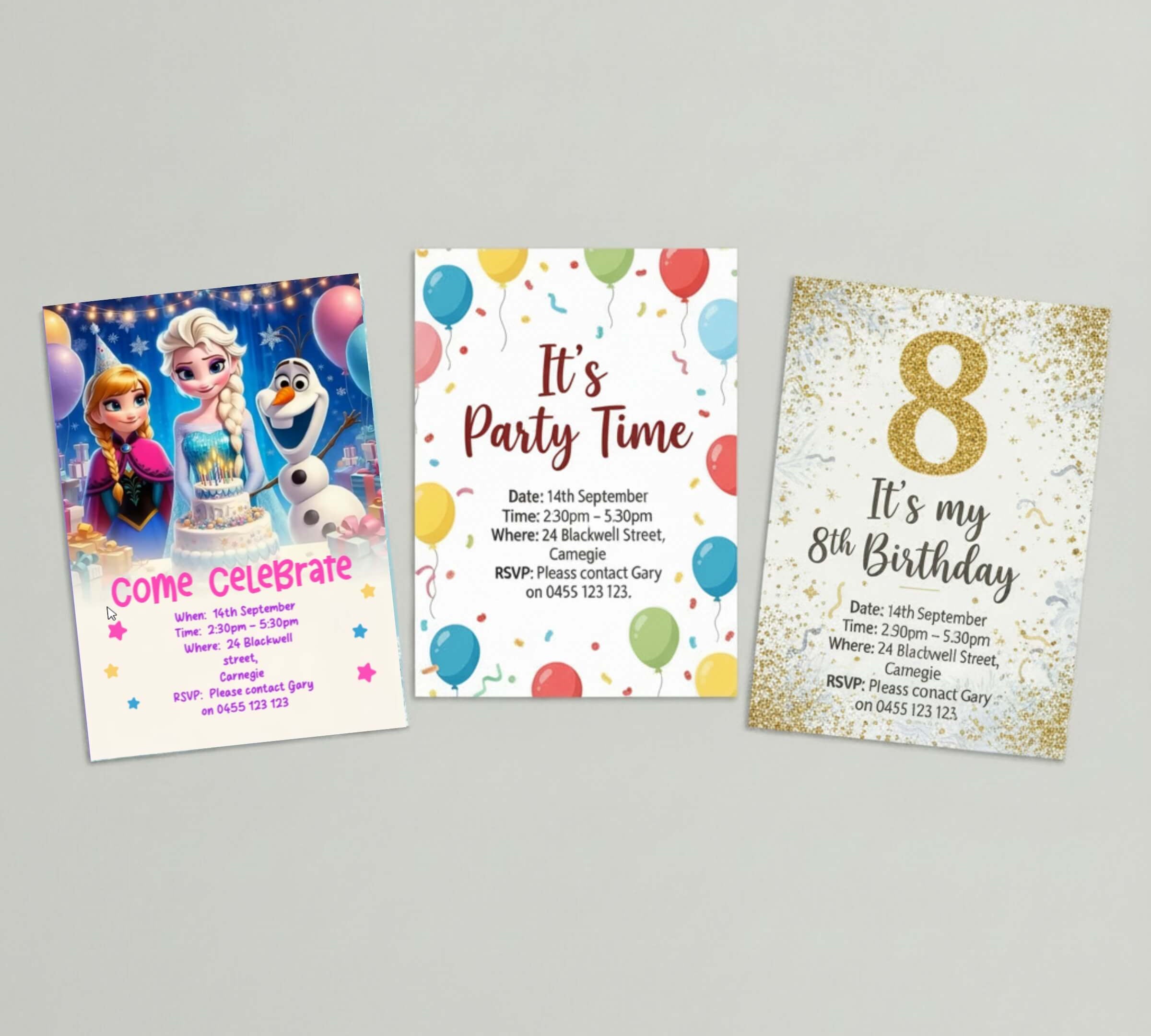 Three printable Frozen themed kids birthday party invitation designs