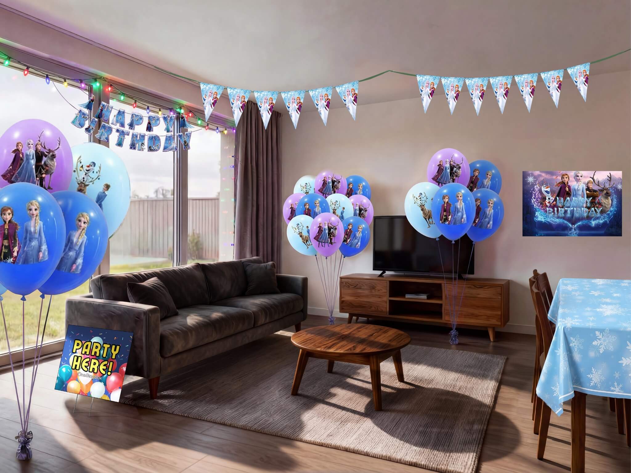Living room decorated for a Frozen themed girls birthday party with character printed balloons in blue and purple, triangle bunting, happy birthday banner, backdrop and snowflake table cover from a OneStopBox party decorations kit.