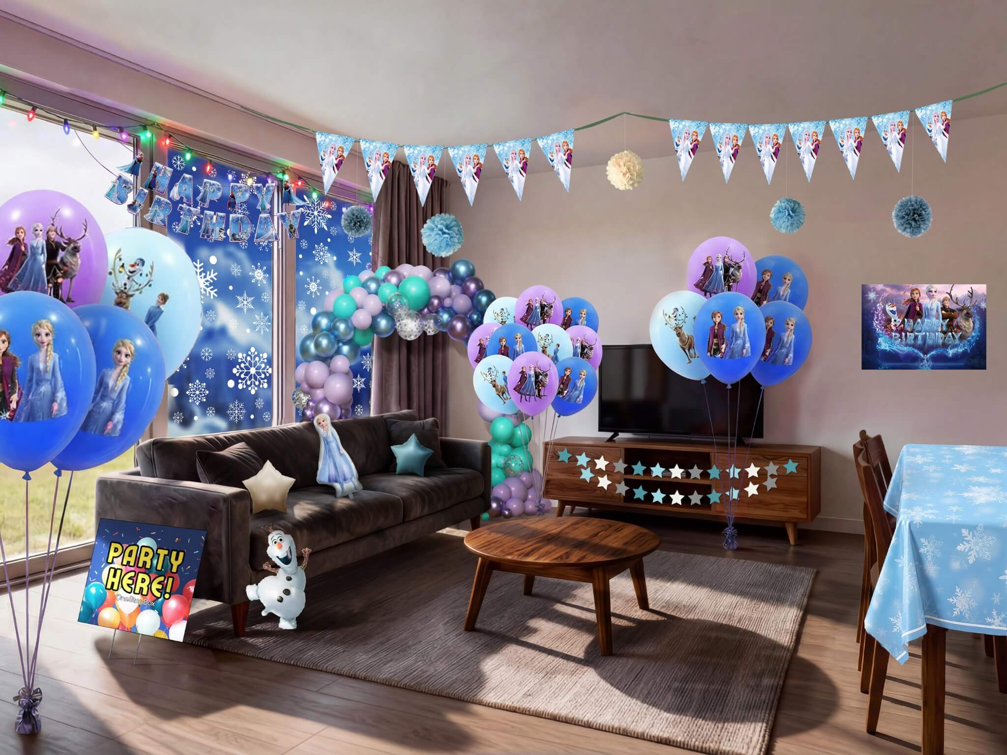 Complete Frozen themed birthday party decorations filling a living room, including character printed balloons, teal and purple balloon garland, pom poms, triangle bunting, star garland, backdrop, snowflake table cover and character figurines from a OneStopBox all-in-one party kit.