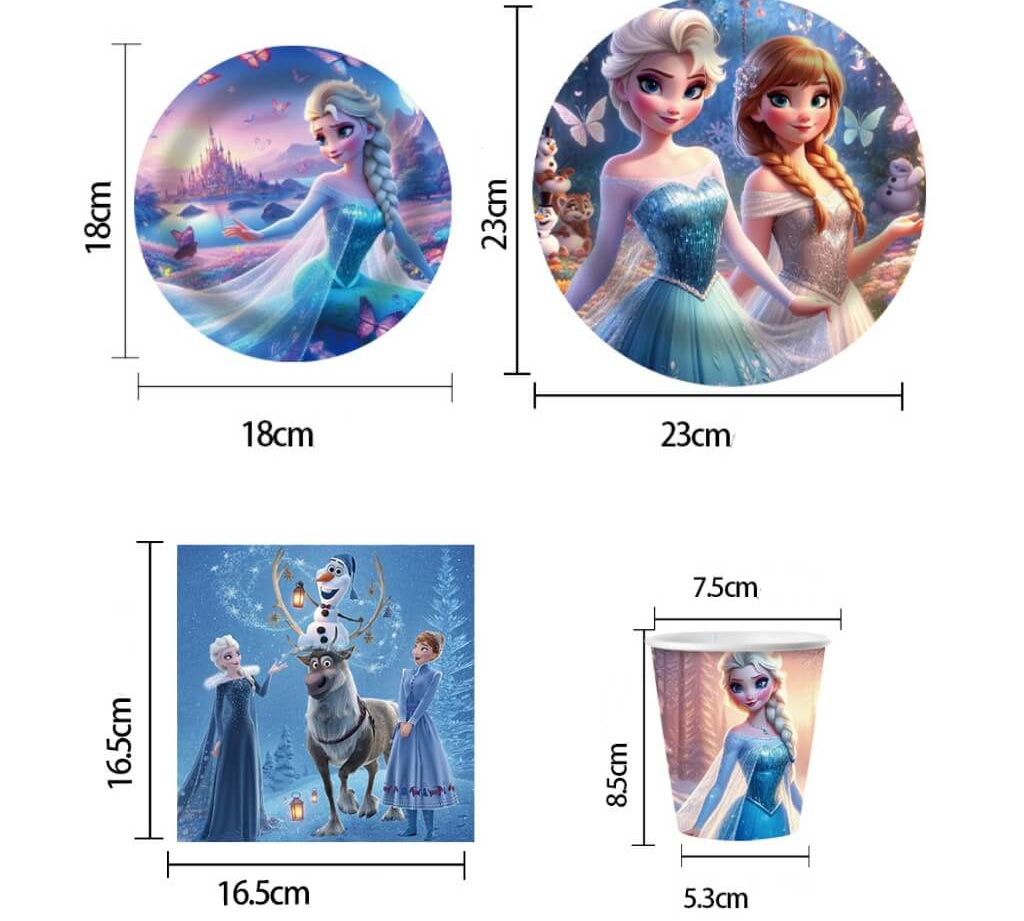 Dimensions of Frozen-themed cups, napkins, plates with characters and castle illustrations.
