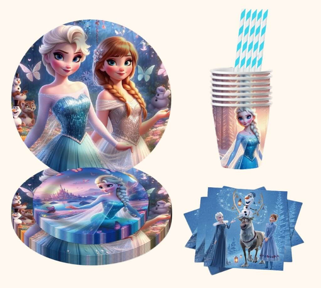 Frozen-themed tableware set with plates, napkins, cups and straws included