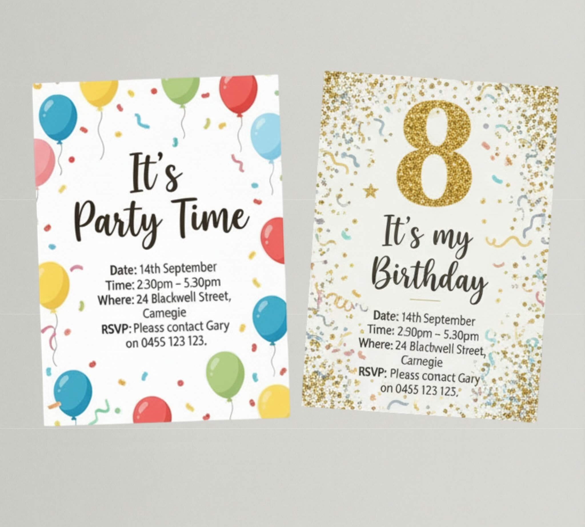 Two birthday invitations with colorful balloons and a gold number 8 on a gray background.