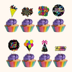 Neon glow disco cupcake toppers for themed desserts