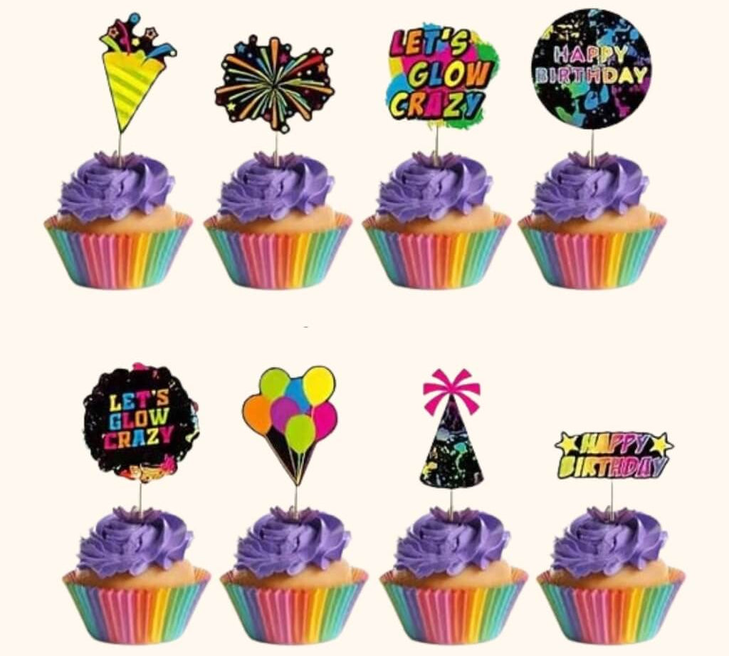 Neon glow disco cupcake toppers for themed desserts
