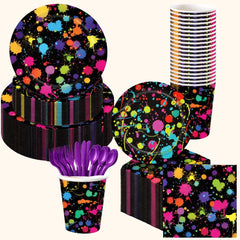 Complete 20-piece glow disco neon party tableware set that includes small plates, large plates, napkins, cups and cutlery