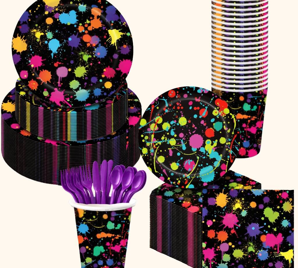 Complete 20-piece glow disco neon party tableware set that includes small plates, large plates, napkins, cups and cutlery