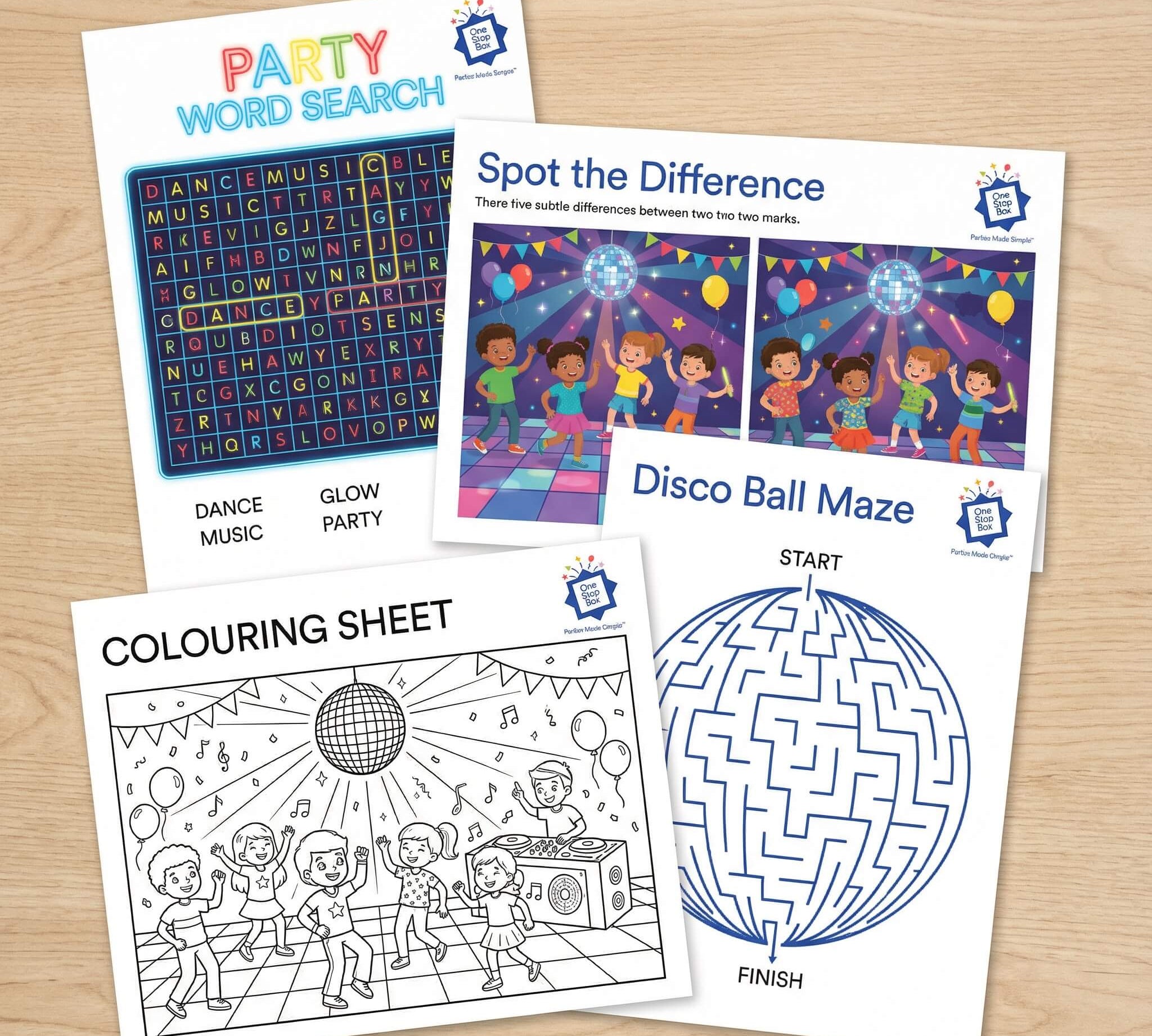 Glow disco themed party activity sheets including word search, spot the difference, and colouring sheet