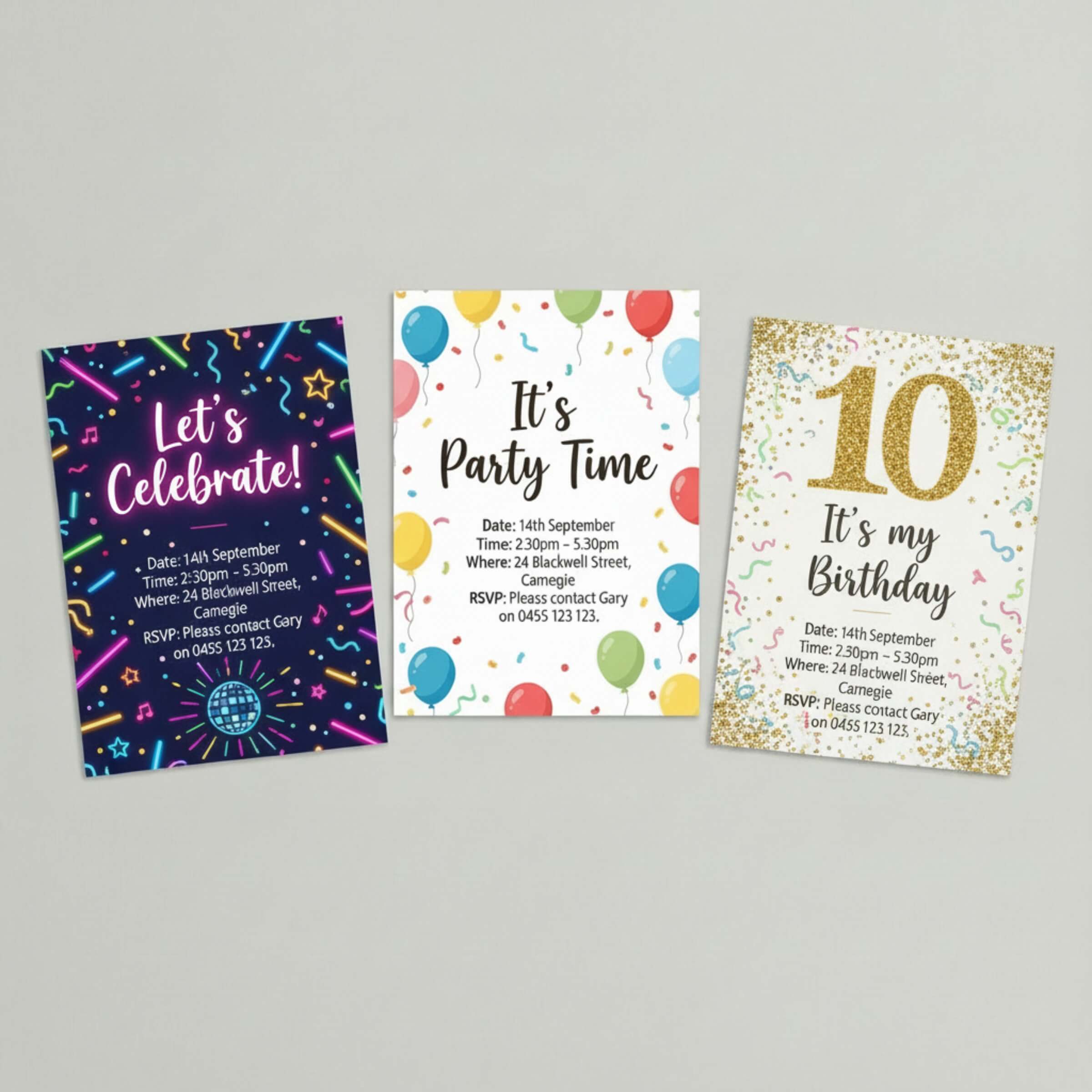 Three printable kids birthday party invitation designs including a neon glow disco theme, colourful balloon theme and gold glitter 10th birthday design.