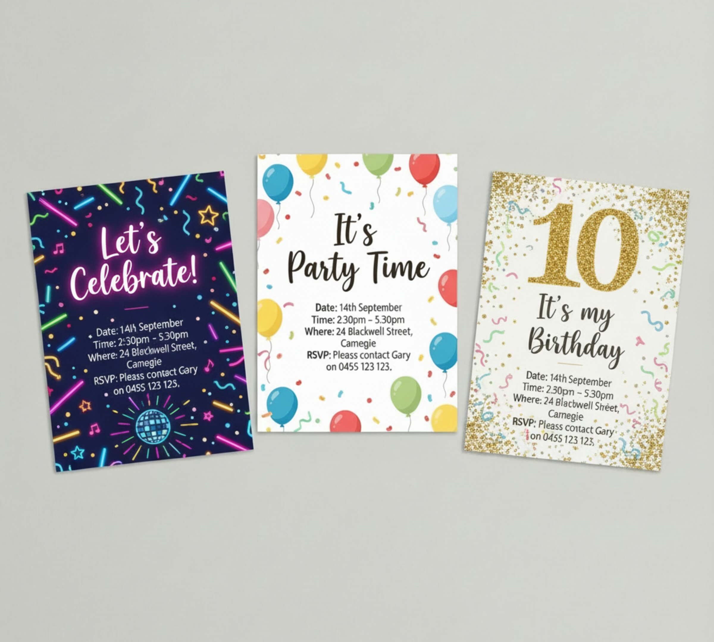 Three printable glow disco themed kids birthday party invitation designs