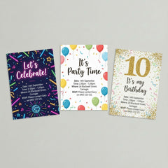 Three printable glow disco themed kids birthday party invitation designs