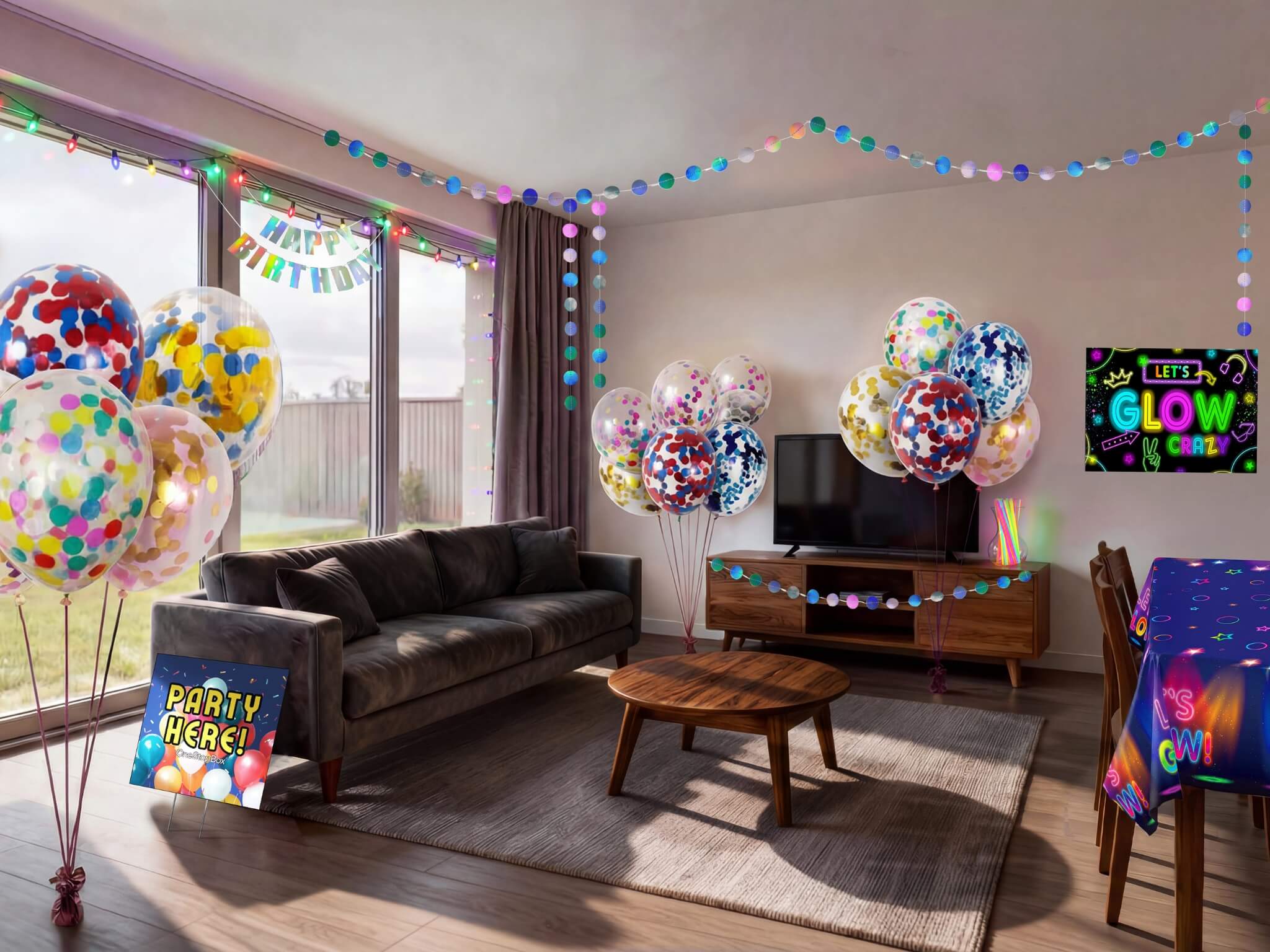 Living room decorated for a kids glow disco birthday party with confetti balloons, colourful dot garland, happy birthday banner, glow backdrop and neon table cover from a OneStopBox party decorations kit.