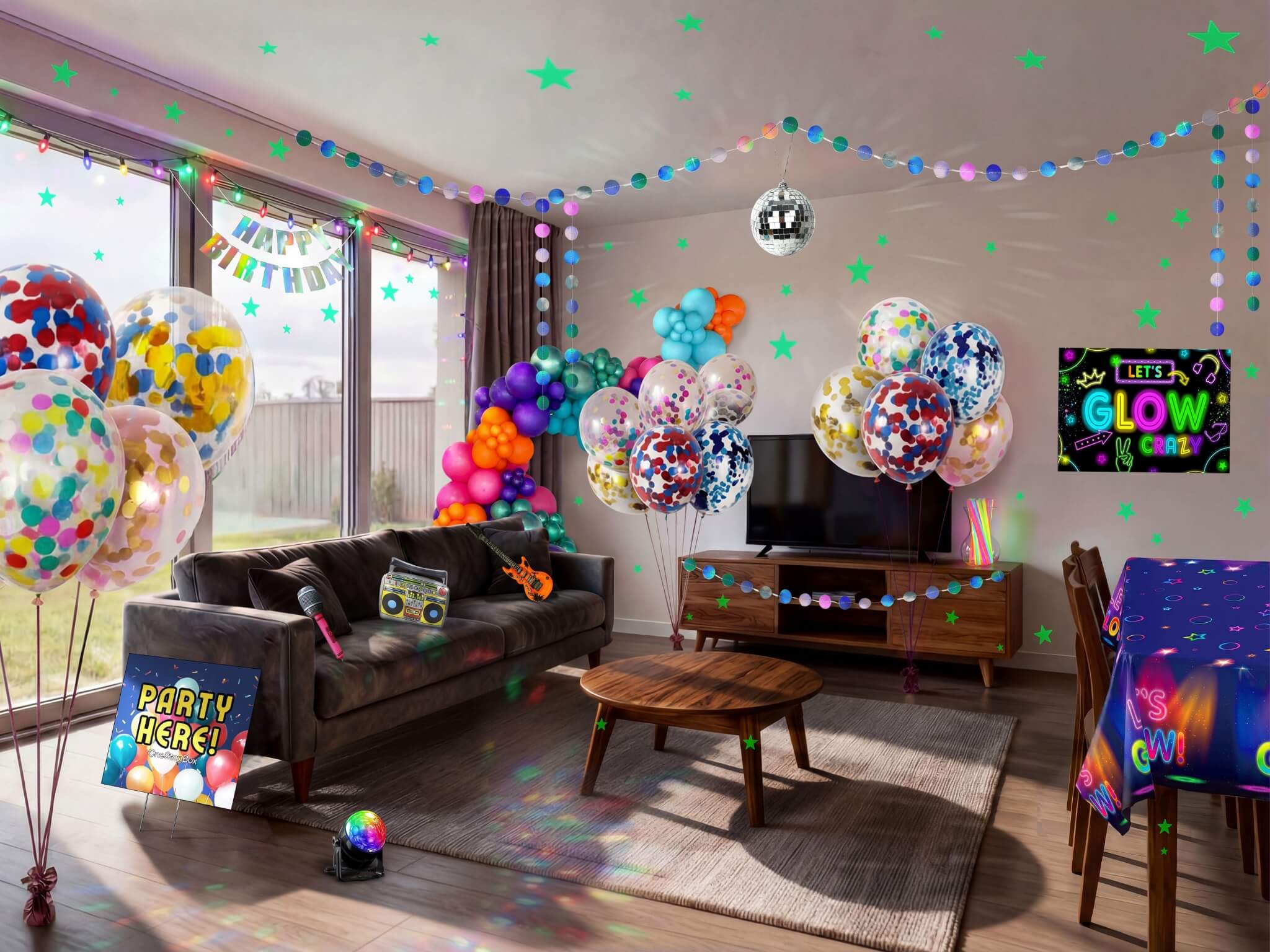 Complete kids glow disco birthday party decorations filling a living room, including confetti balloons, multicolour balloon garland, dot garland, glow star wall decorations, disco ball, disco ball, neon backdrop, table cover, microphone and boombox props from a OneStopBox all-in-one party kit.