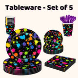 Glow disco party tableware set with plates, cups, napkins and cutlery for a kids disco party