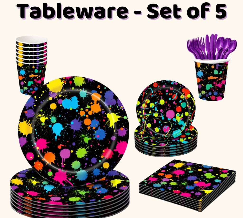 Glow disco party tableware set with plates, cups, napkins and cutlery for a kids disco party