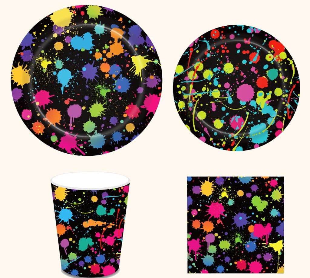 Glow disco large plates, Glow disco small plates, Glow disco napkins and Glow disco cups