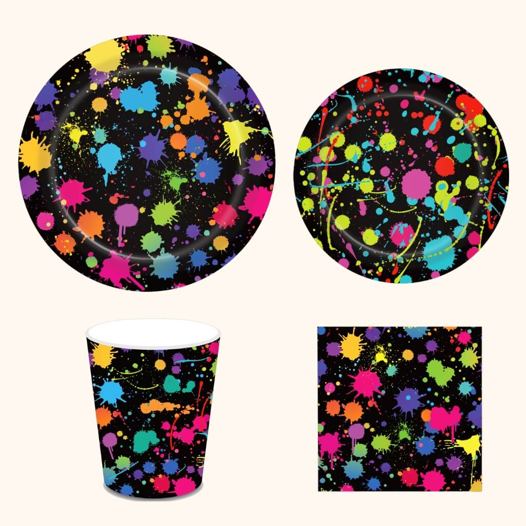 Neon glow disco party tableware with bright designs