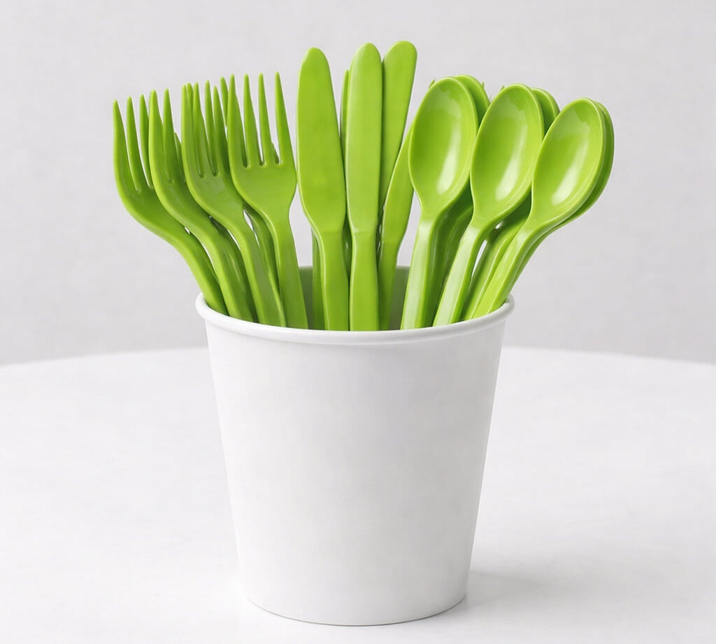 Green reusable plastic cutlery set including forks, knives, and spoons in a white cup on a light background