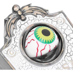 Animatronic Halloween doorbell decoration prop with sound and motion, close-up view