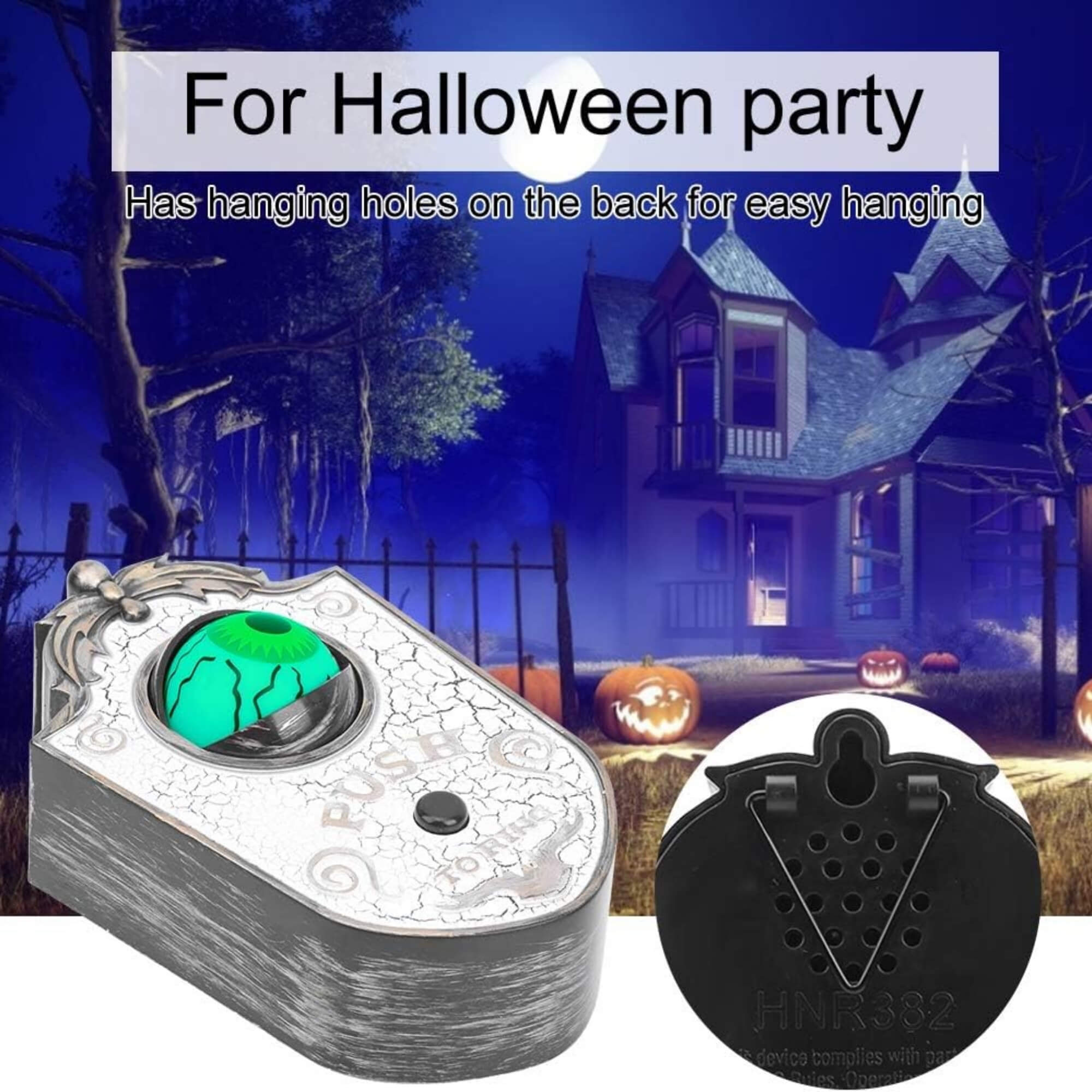 Animatronic Halloween doorbell decoration prop with sound and motion, hung up for display