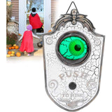 Animatronic Halloween doorbell decoration prop with sound and motion, with children reacting
