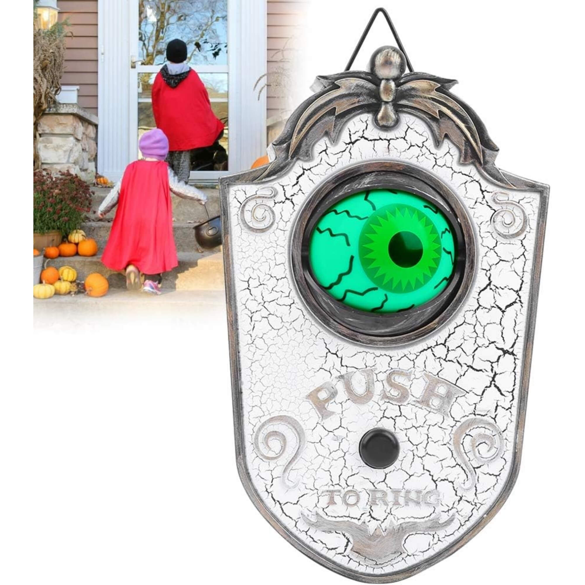 Animatronic Halloween doorbell decoration prop with sound and motion, with children reacting