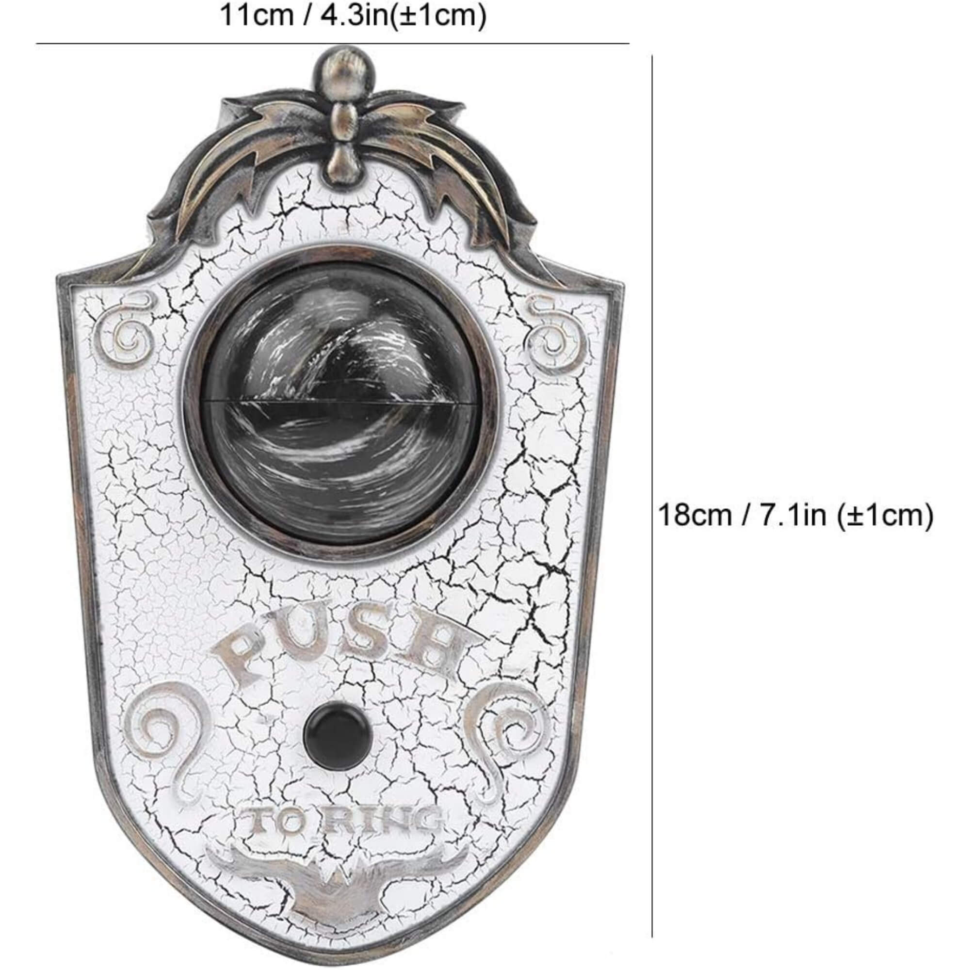 Animatronic Halloween doorbell decoration prop with sound and motion, size guide