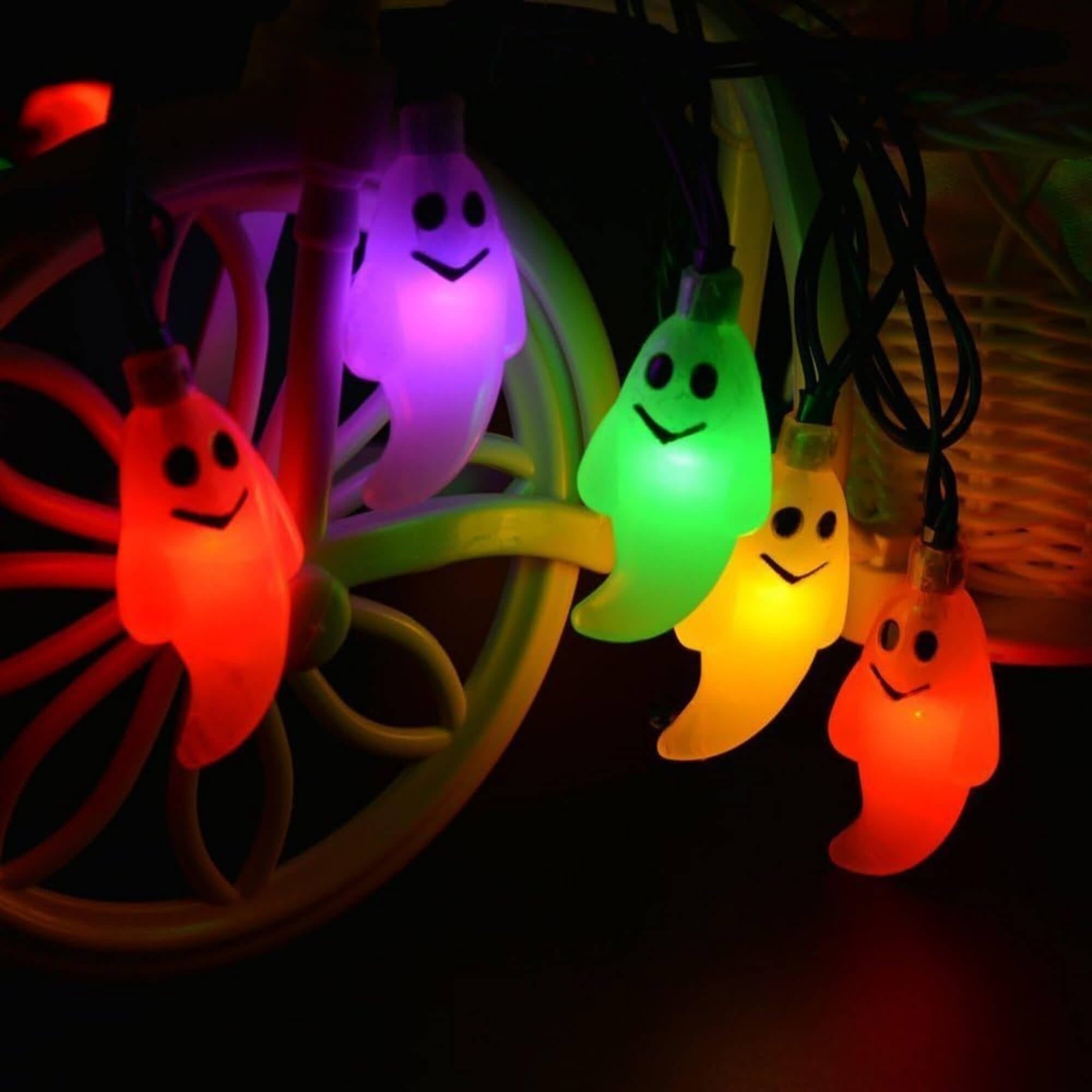 10m LED ghost string lights Halloween decoration with multiple colours and remote, close-up view