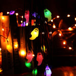 10m LED ghost string lights Halloween decoration with multiple colours and remote, hung up for display