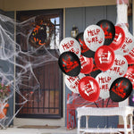 Blood-splatter print Halloween party balloons, on a front door