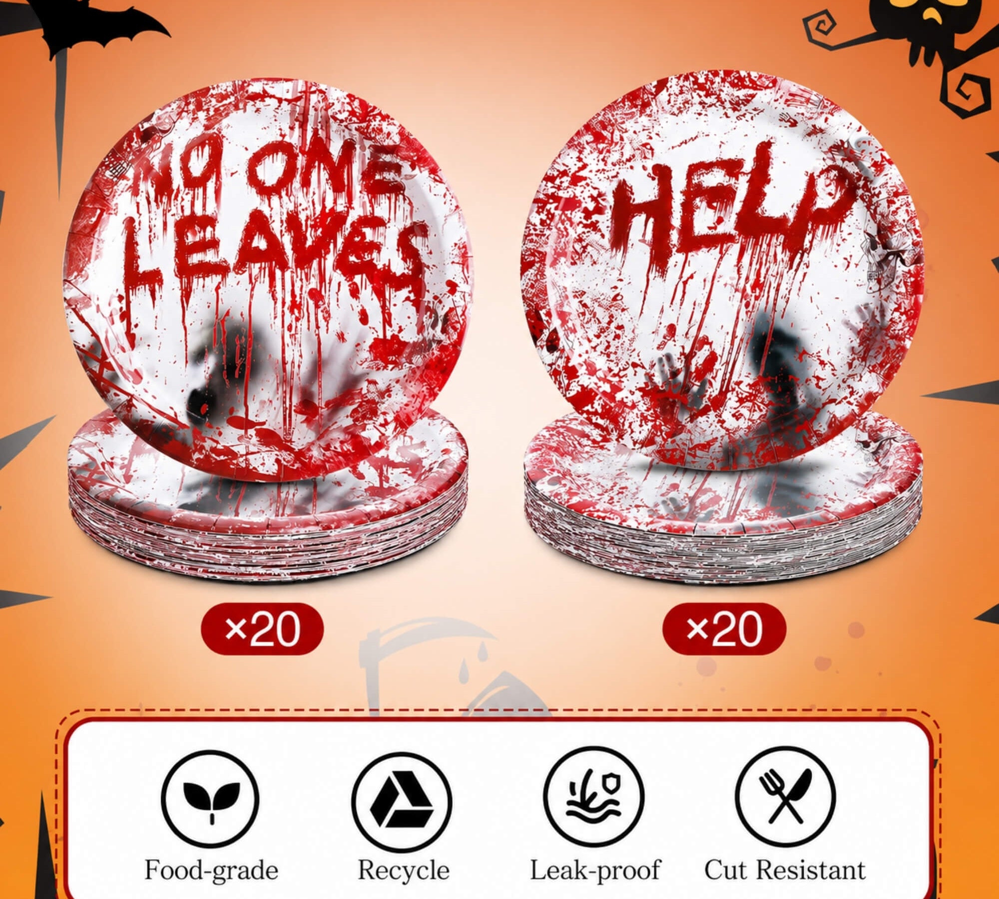 Blood-splatter print Halloween party plates, product features