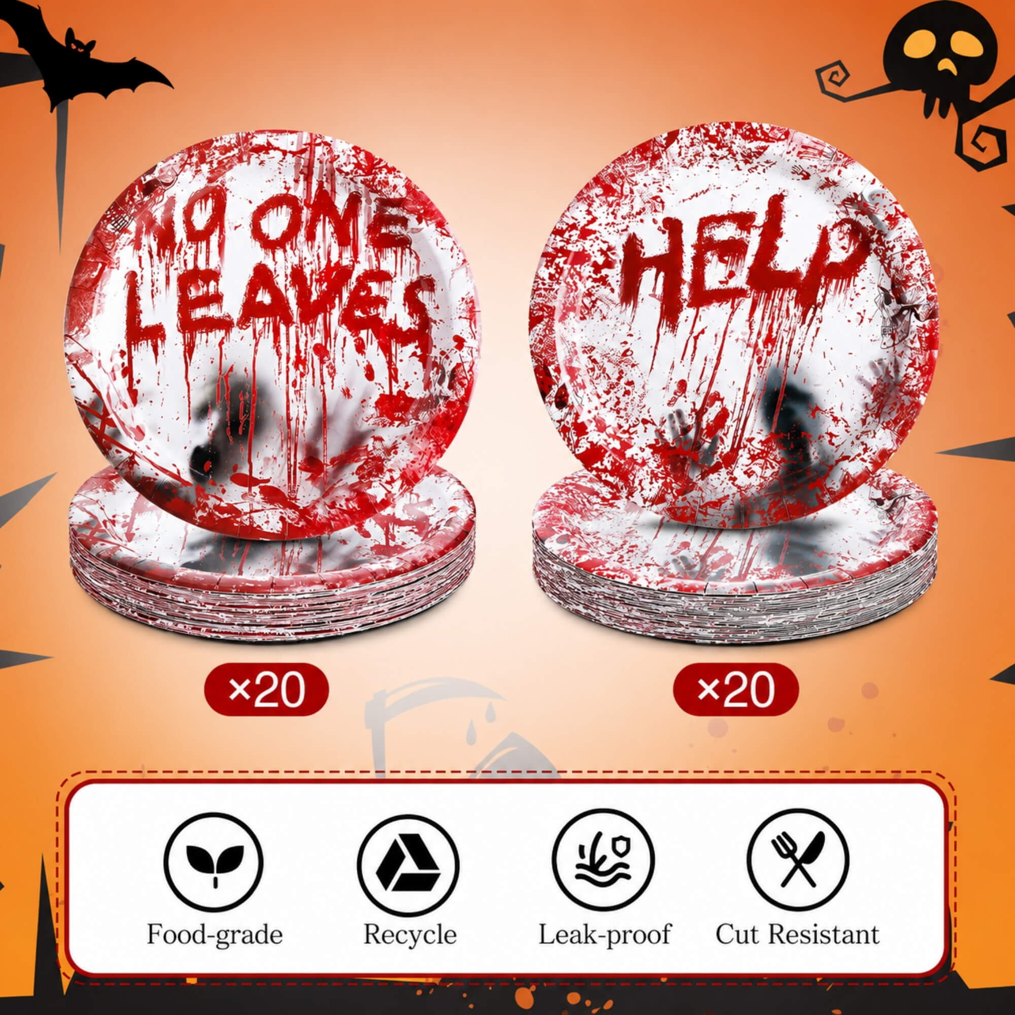 Blood-splatter print Halloween party plates, product features