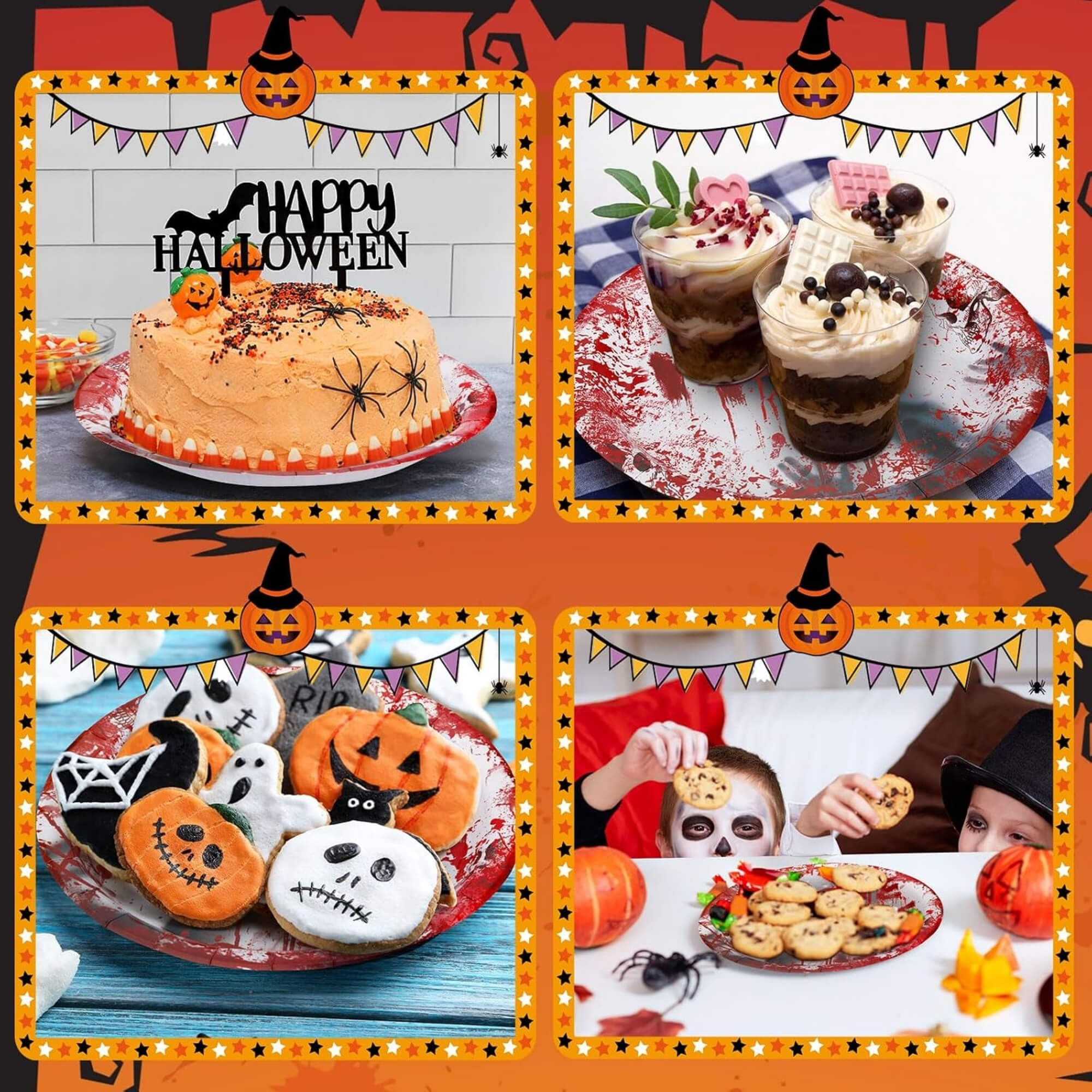 Blood-splatter print Halloween party plates, styled scene