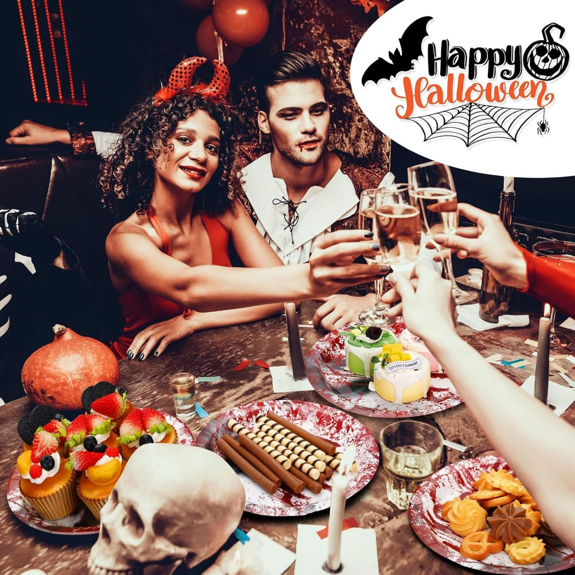 Blood-splatter print Halloween party plates, styled scene