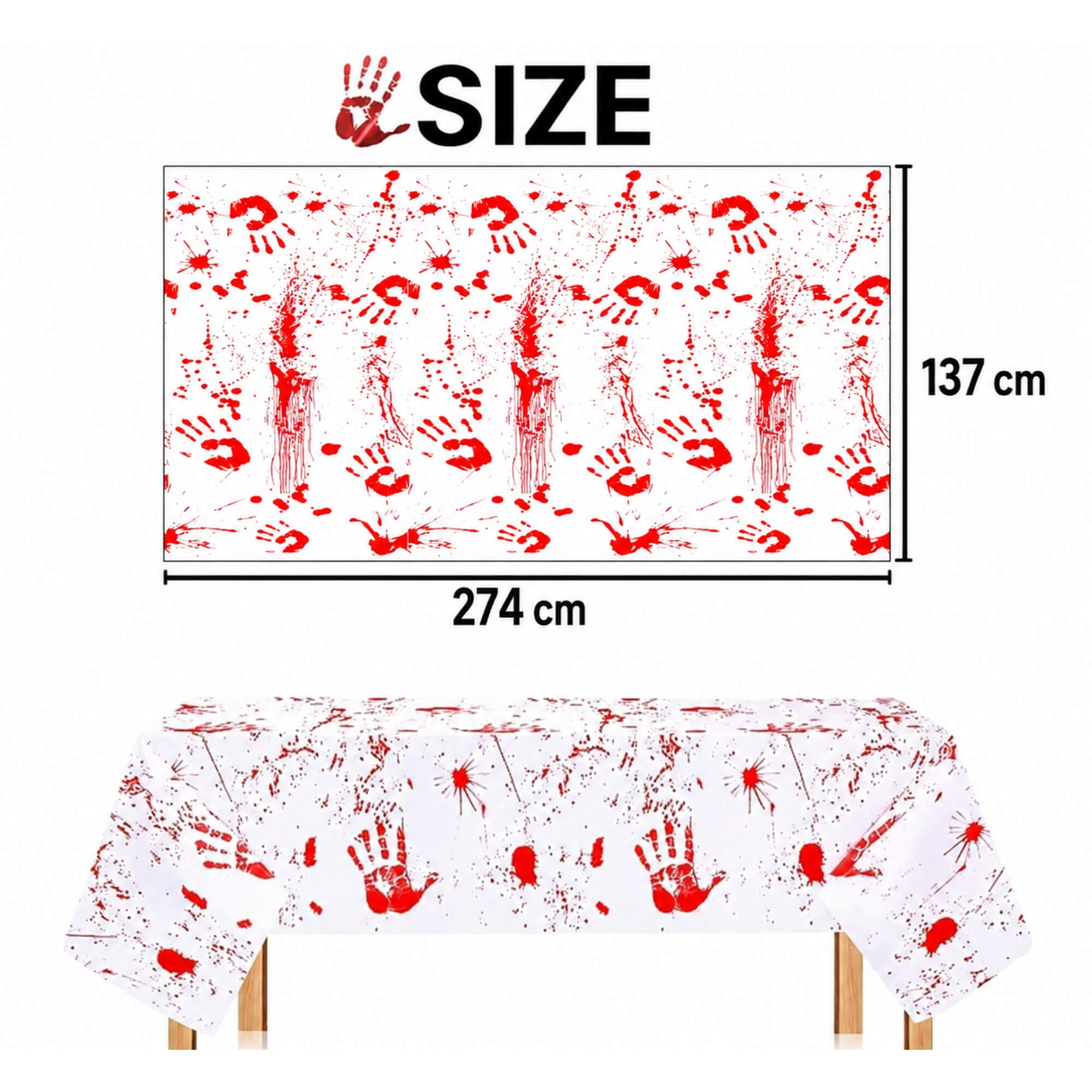 Blood-splatter print Halloween party tablecloth, size guide