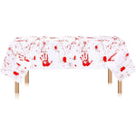 Blood-splatter print Halloween party tablecloth, on a table